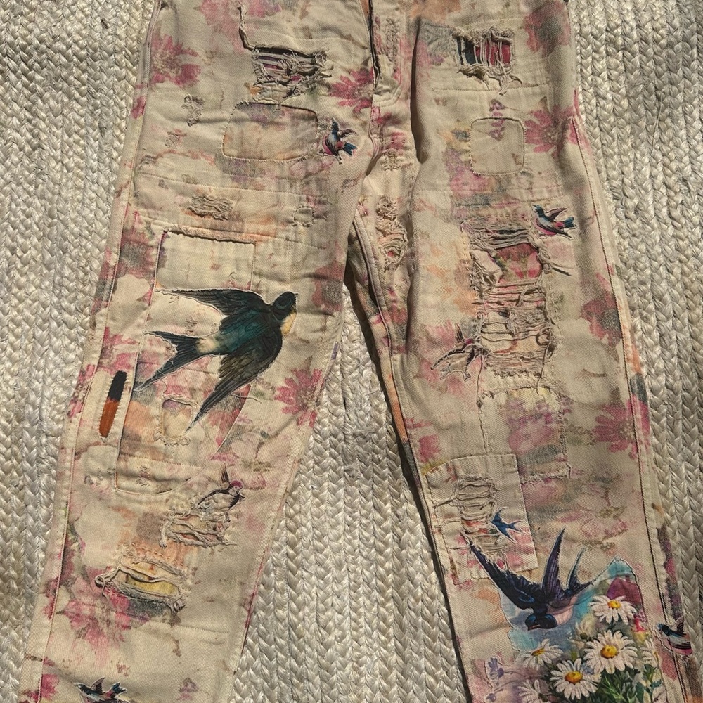 Magnolia pearl Floral Distressed Jeans with Bird Print